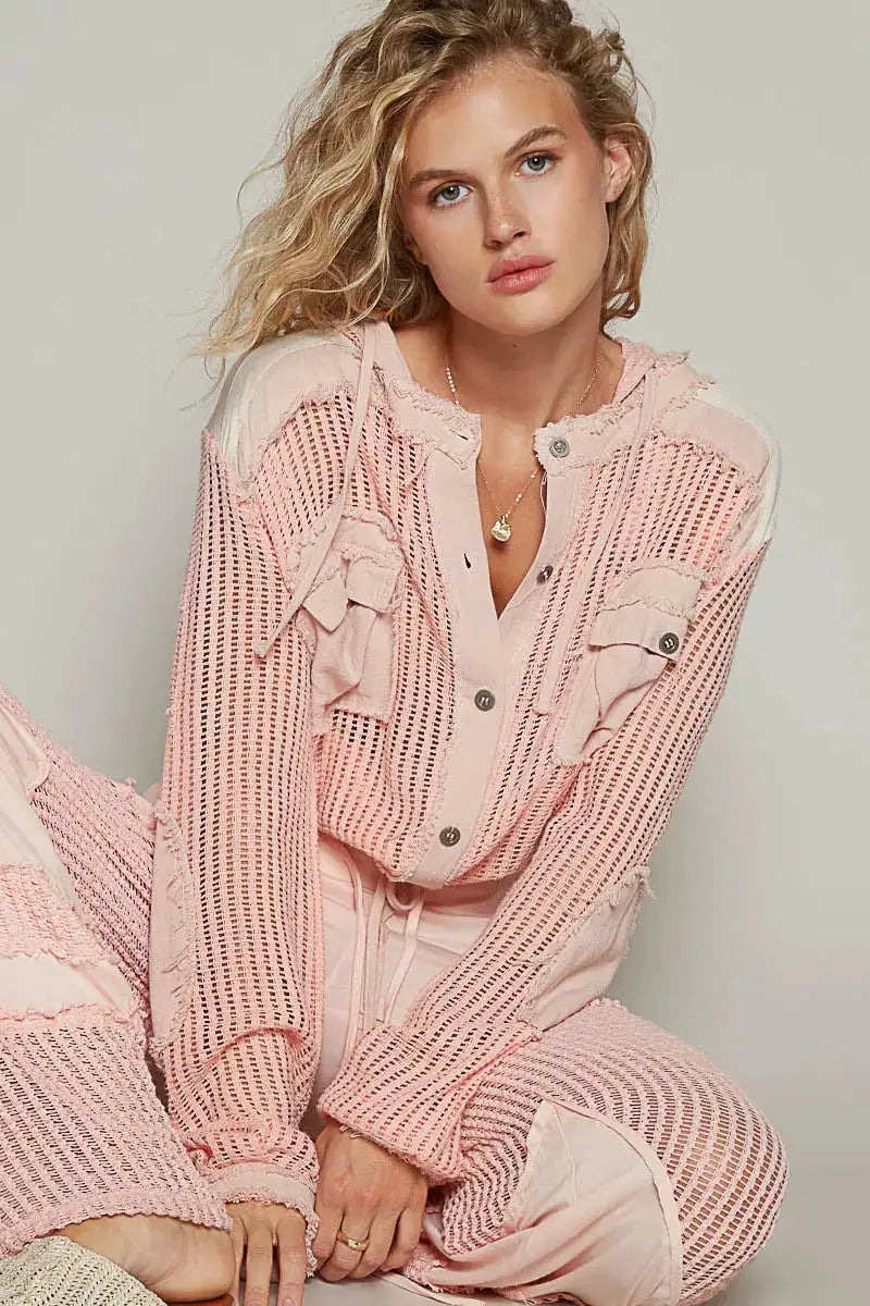 POL Texture Woven Hooded Button-Down Shirt in pink knit with drawstring hem