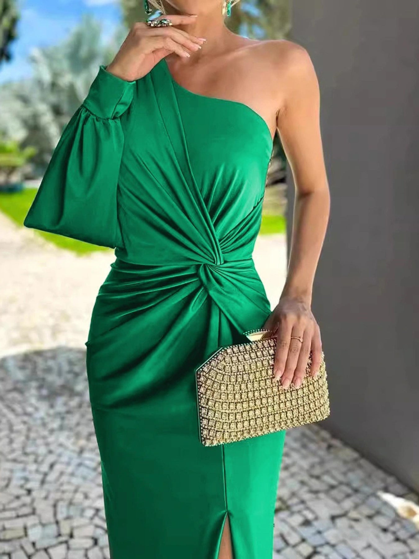One-shoulder knot-detail emerald green maxi dress by Trendsi, plus-size with front slit