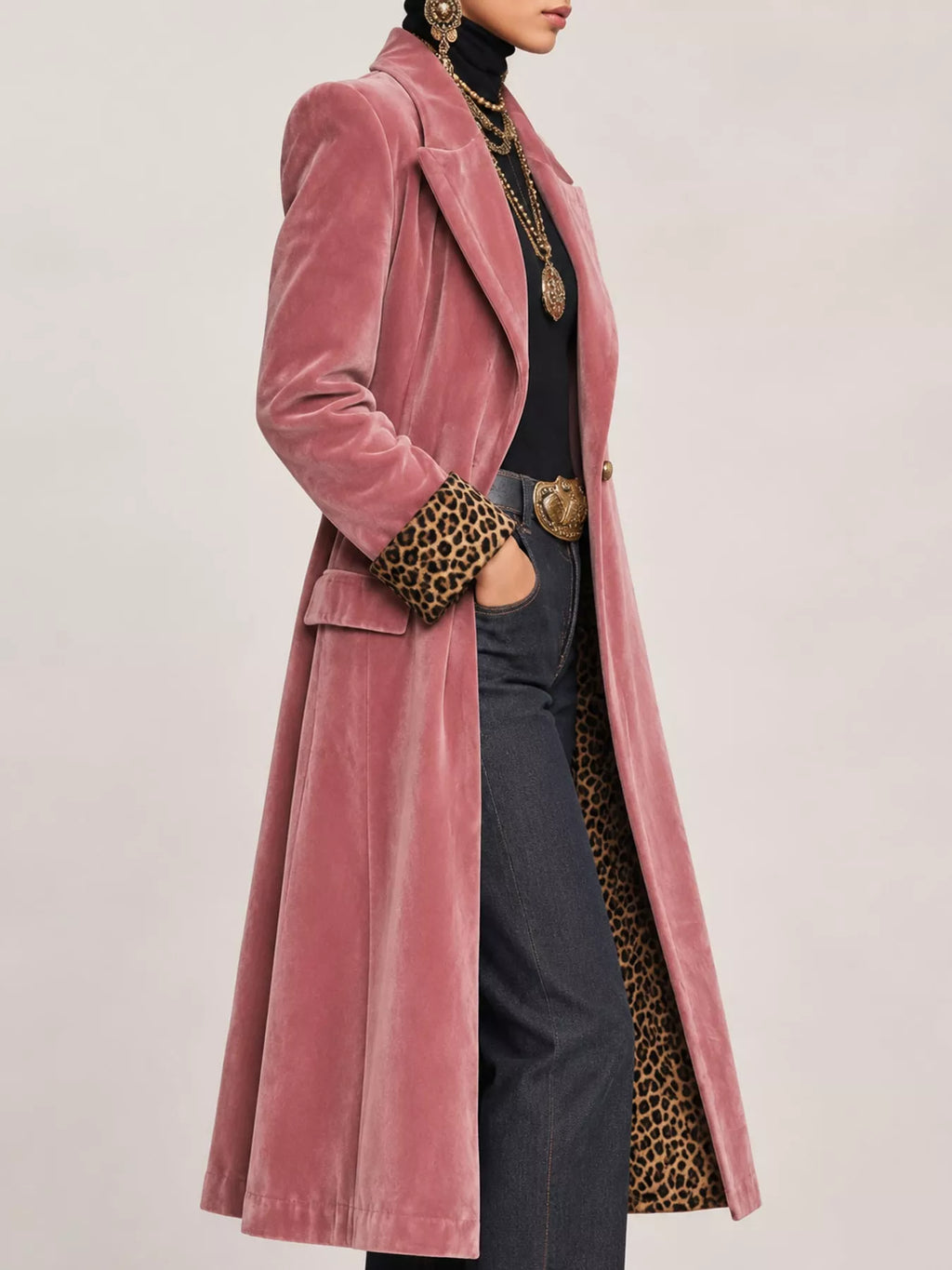 Leopard-Lined Longline Coat in Pink Velvet by Belle Bijouix – view 2 of 13