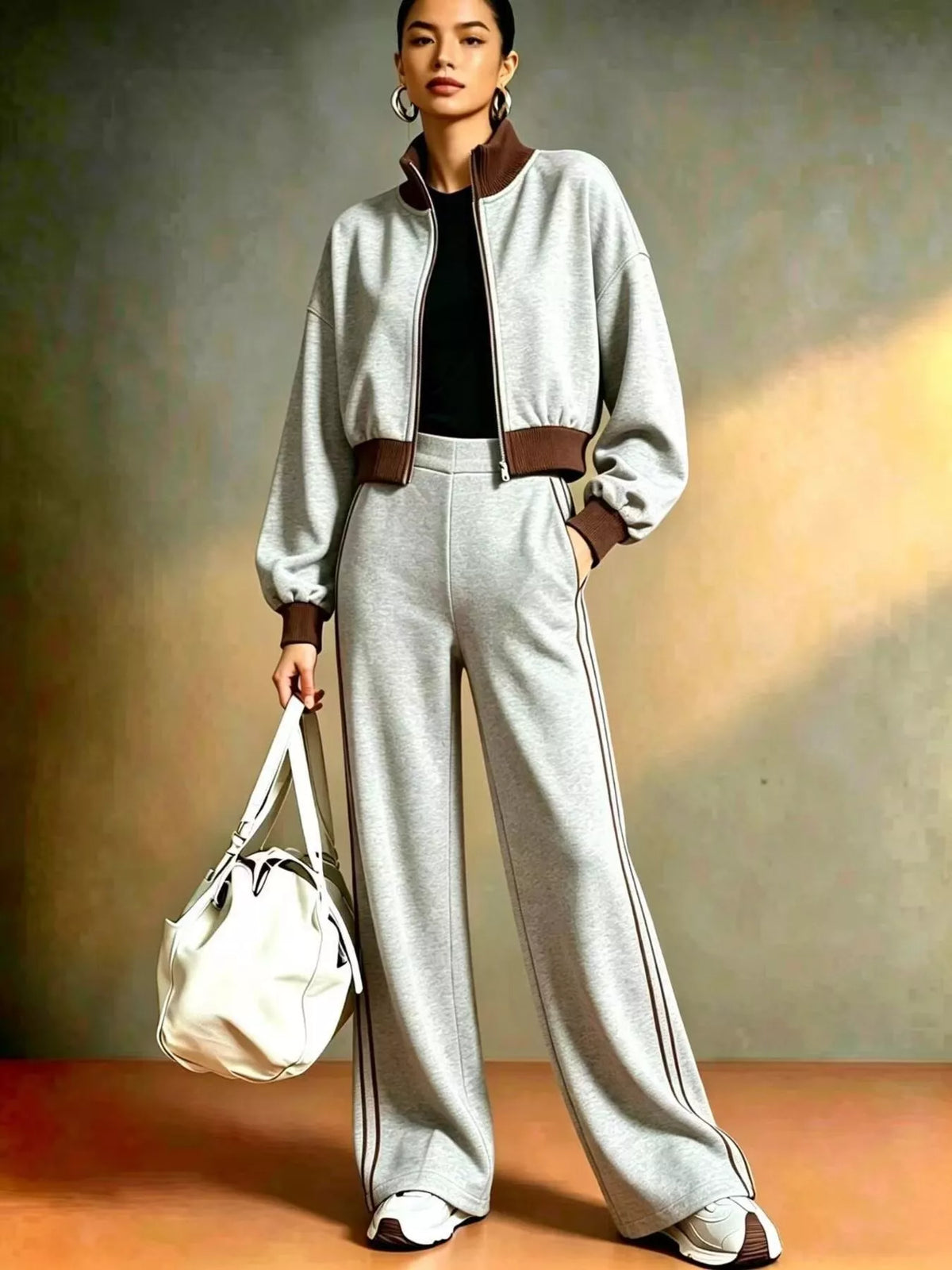 Contrast Ribbed Jacket & Wide-Leg Tracksuit Set by Belle Bijouix – view 7 of 9