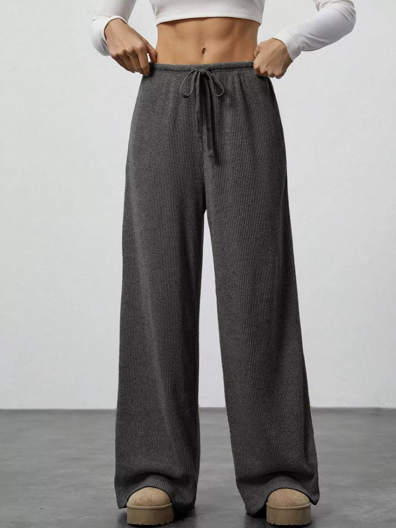 Relaxed Fit Drawstring Pants in gray ribbed fabric with pockets
