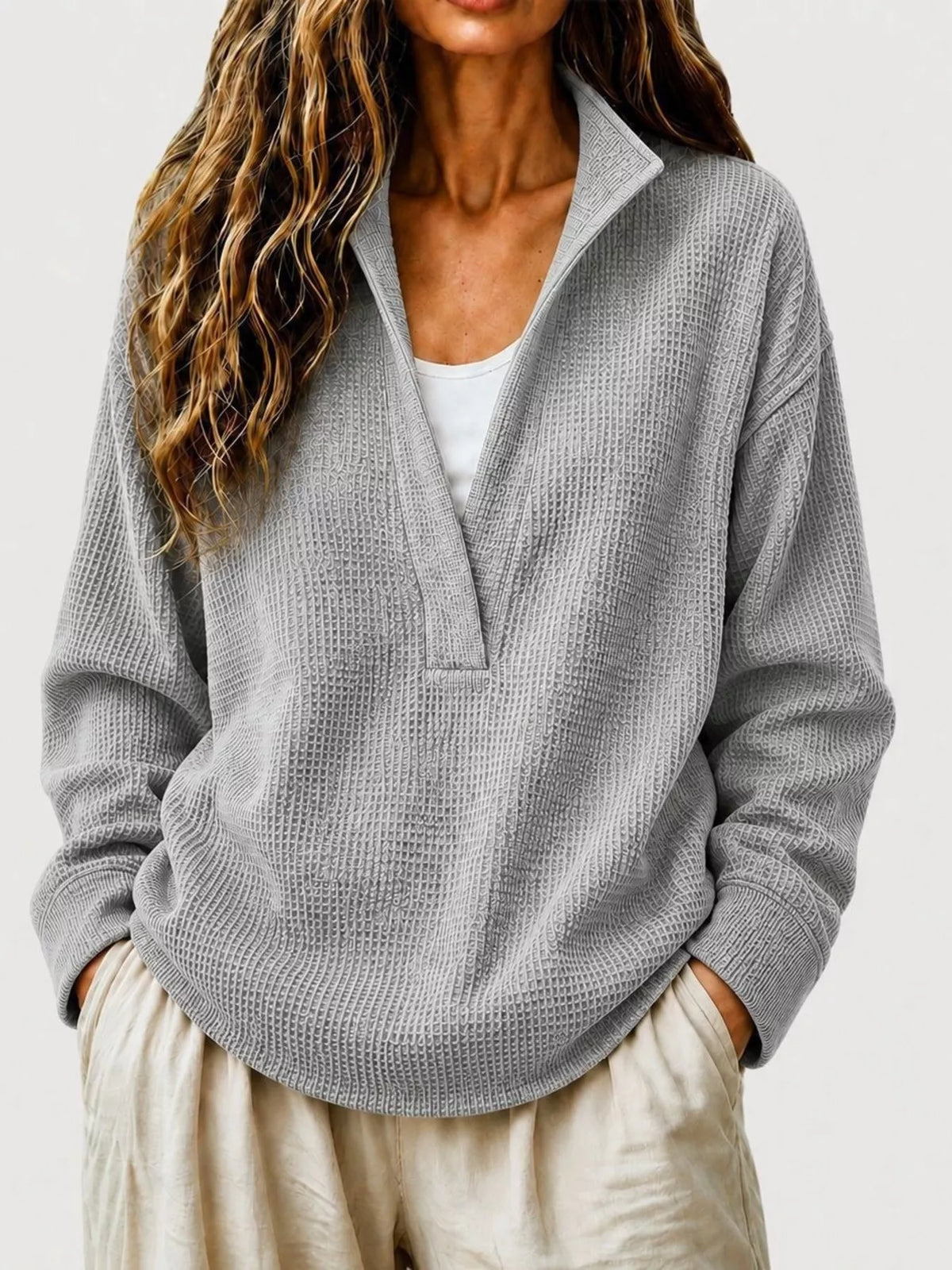 Waffle Knit Dropped Shoulder Sweatshirt