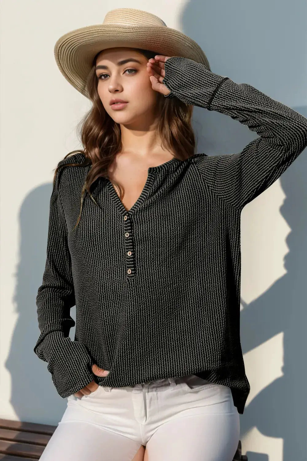 Double Take full-size notched thumbhole long-sleeve T-shirt in dark gray ribbed knit with button placket.