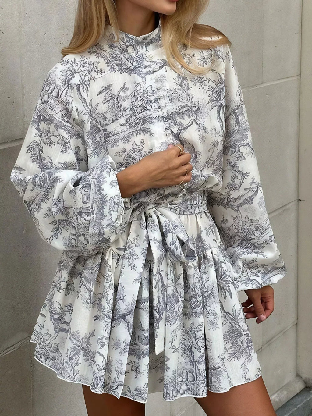 Printed Balloon Sleeve Tie Waist Dress by Belle Bijouix in grayscale toile print