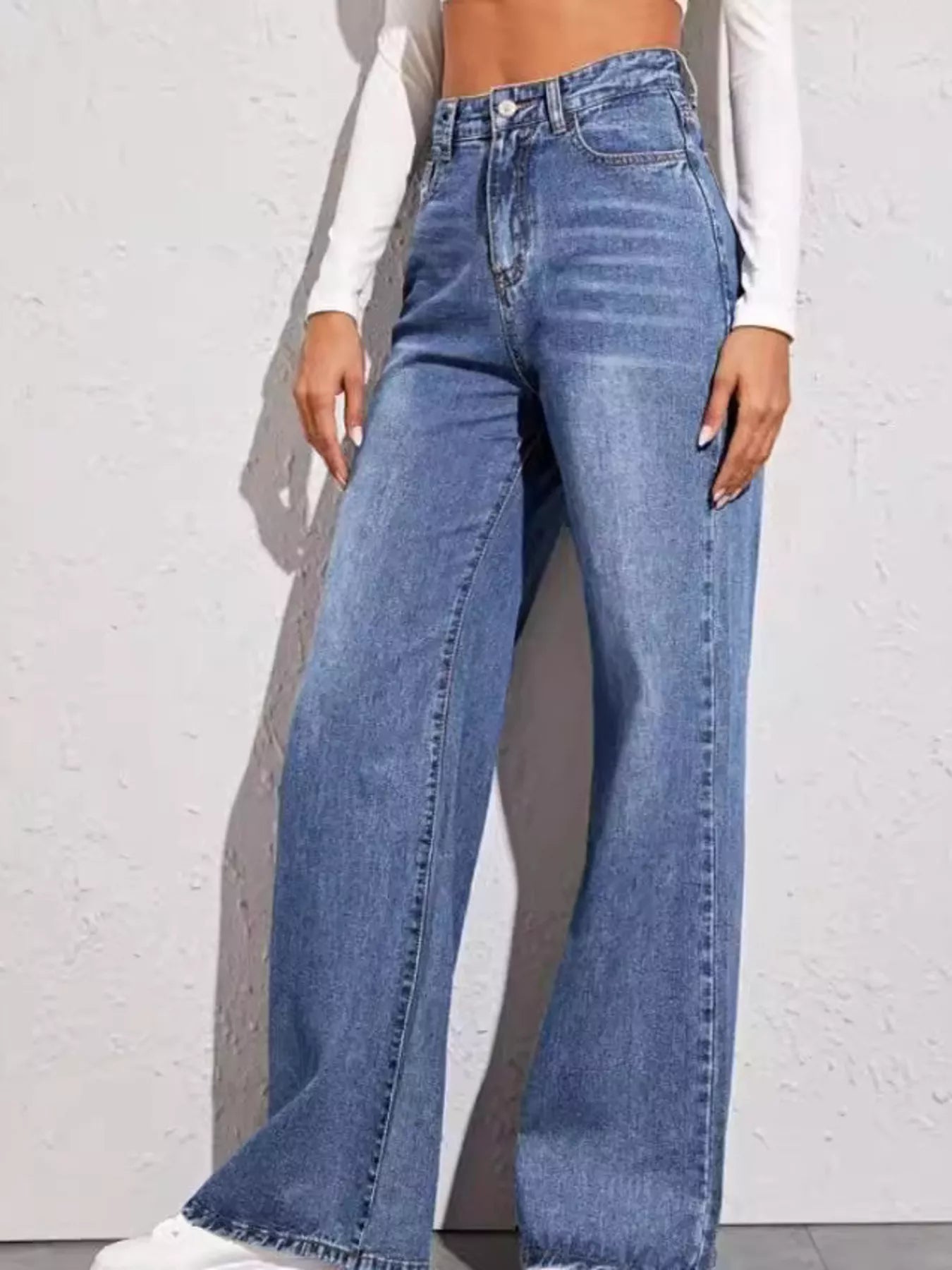 High-Waisted Wide-Leg Jeans by Bellebijouix in blue denim