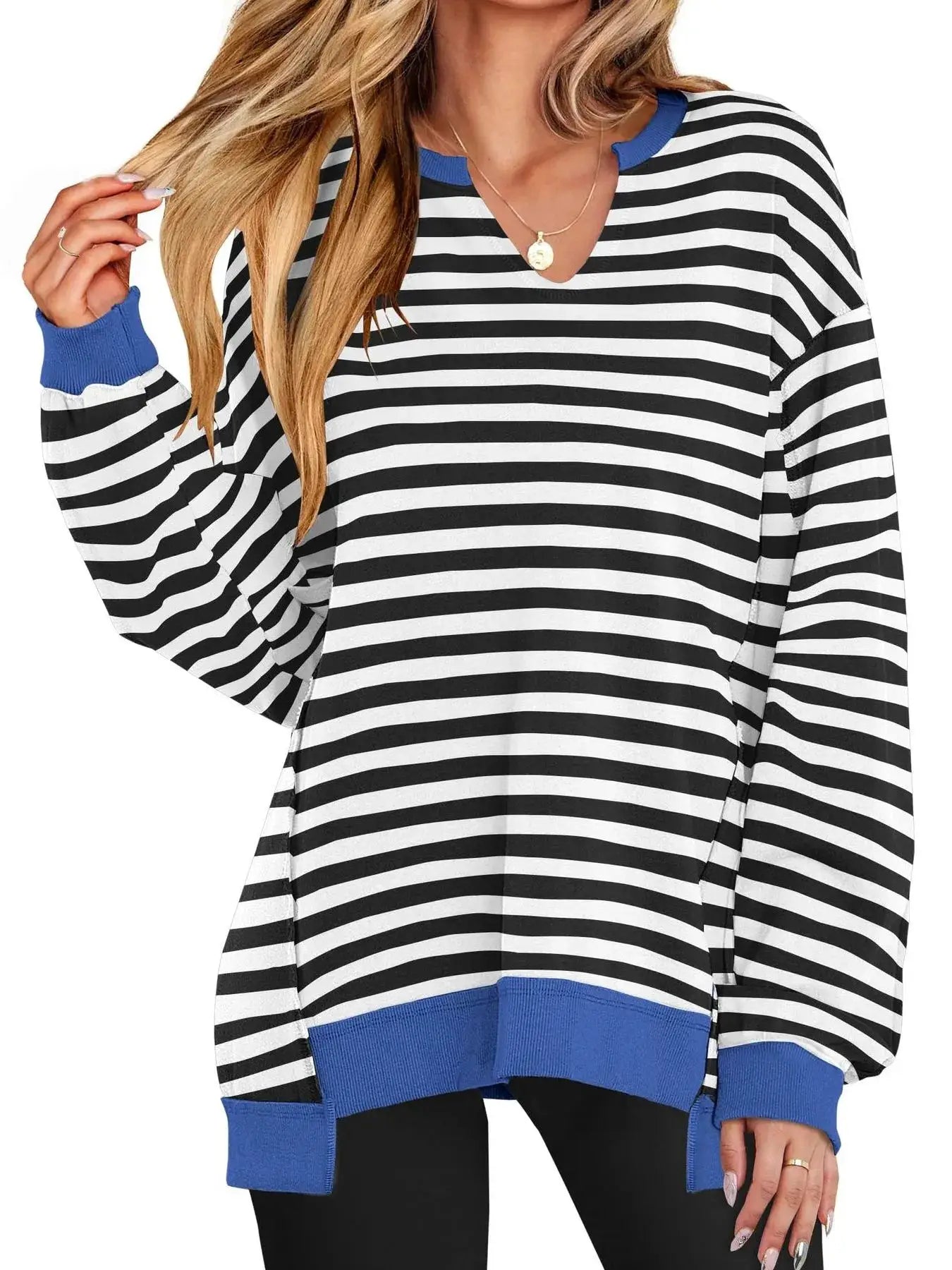 Notched Long Sleeve Oversized Sweatshirt by Belle Bijouix in black and white stripes with blue ribbed cuffs and hem