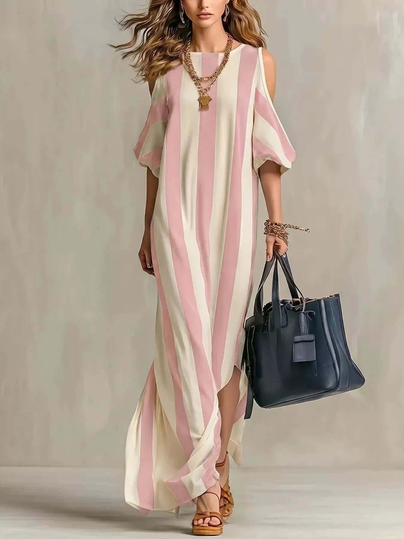 Striped cold-shoulder maxi dress by Belle Bijouix; pink and cream vertical stripes, flowy floor-length style