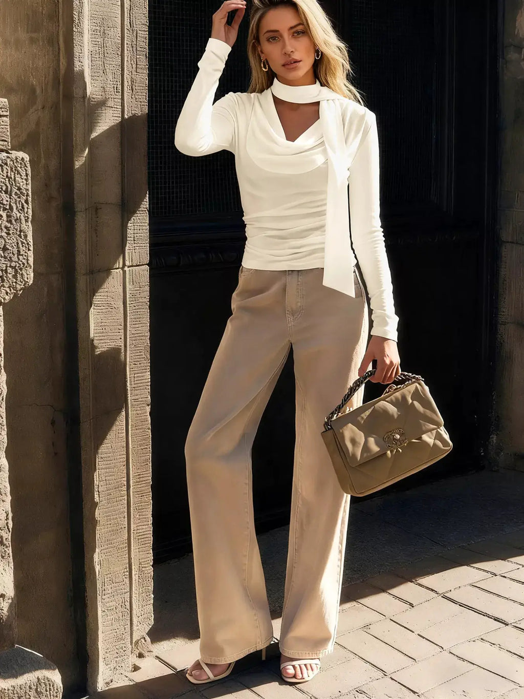 Cowl Neck Long Sleeve T-Shirt in cream by Belle Bijouix with ruched detail
