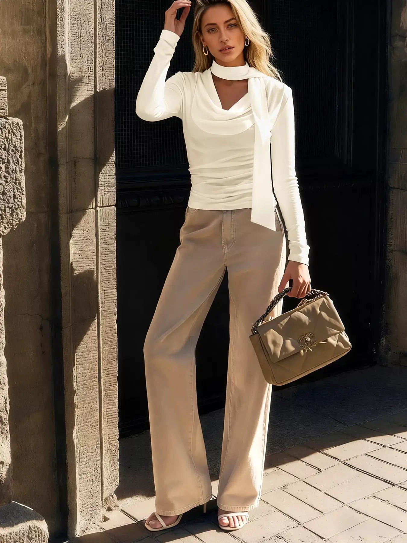 Cowl Neck Long Sleeve T-Shirt in cream by Belle Bijouix with ruched detail