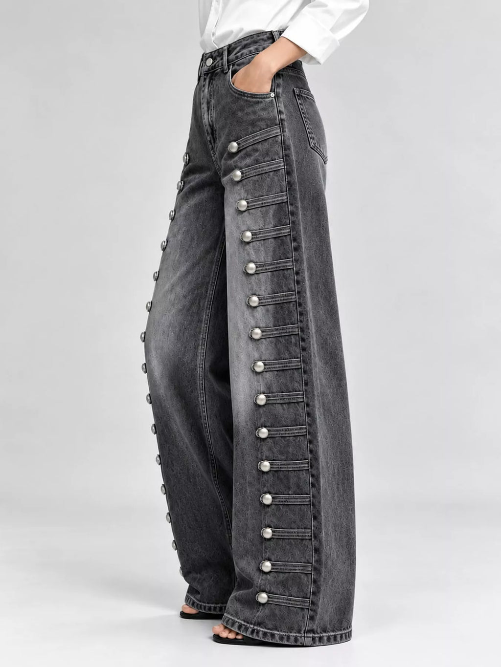 High-Waist Button Detail Wide-Leg Jeans in Black by Belle Bijouix – side view