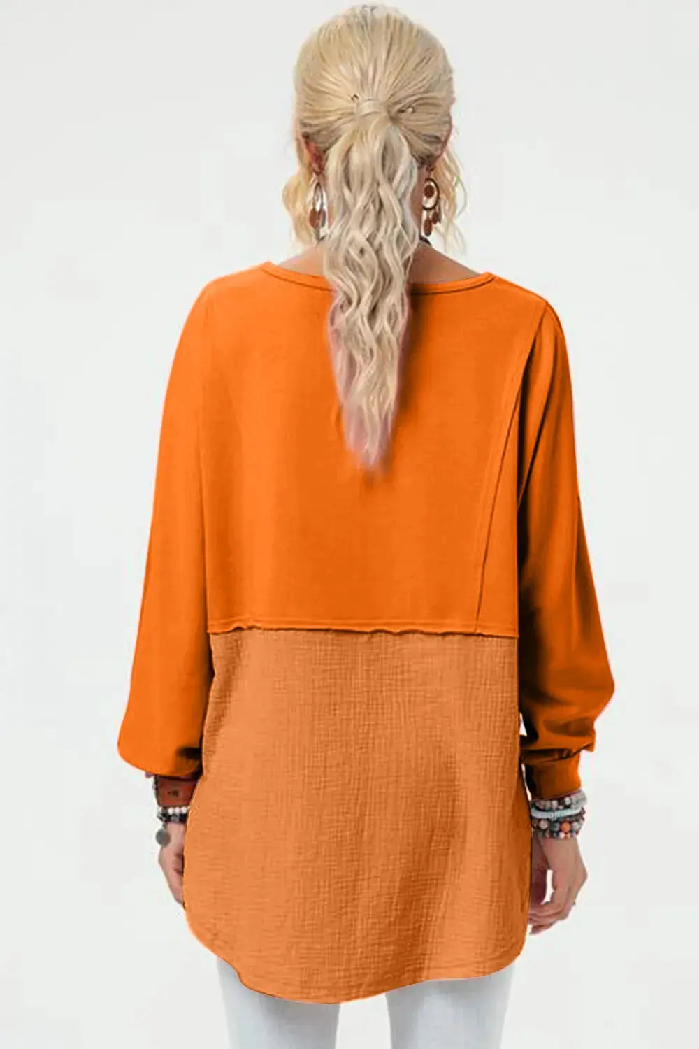 Double Take Full Size Long Sleeve High-Low T-Shirt by Belle Bijouix, orange color-block with textured lower panel