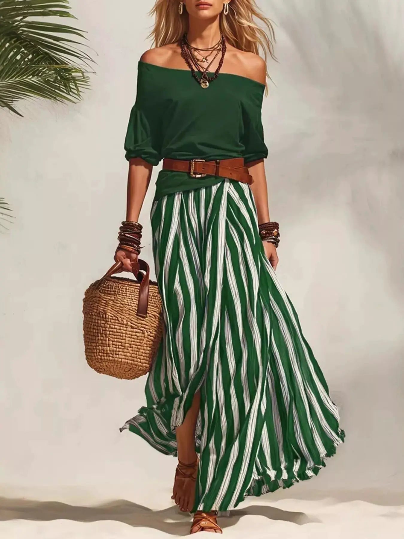 Off-shoulder green top and green-white striped maxi skirt set by Belle Bijouix with brown belt and wicker handbag