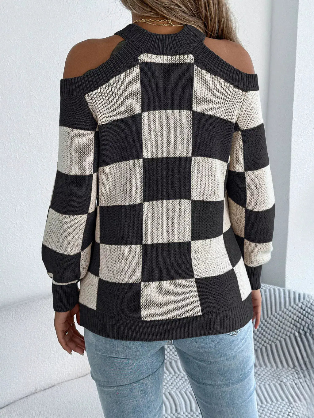 Cold Shoulder Checkered Long Sleeve Sweater by Belle Bijouix; black and beige knit top with shoulder cutouts