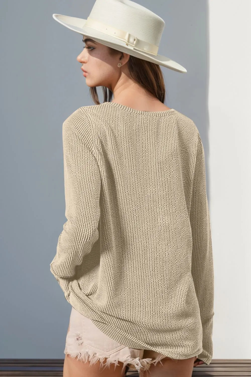 Double Take Full Size Notched Thumbhole Long Sleeve T-Shirt by Belle Bijouix, beige knit top (back view).