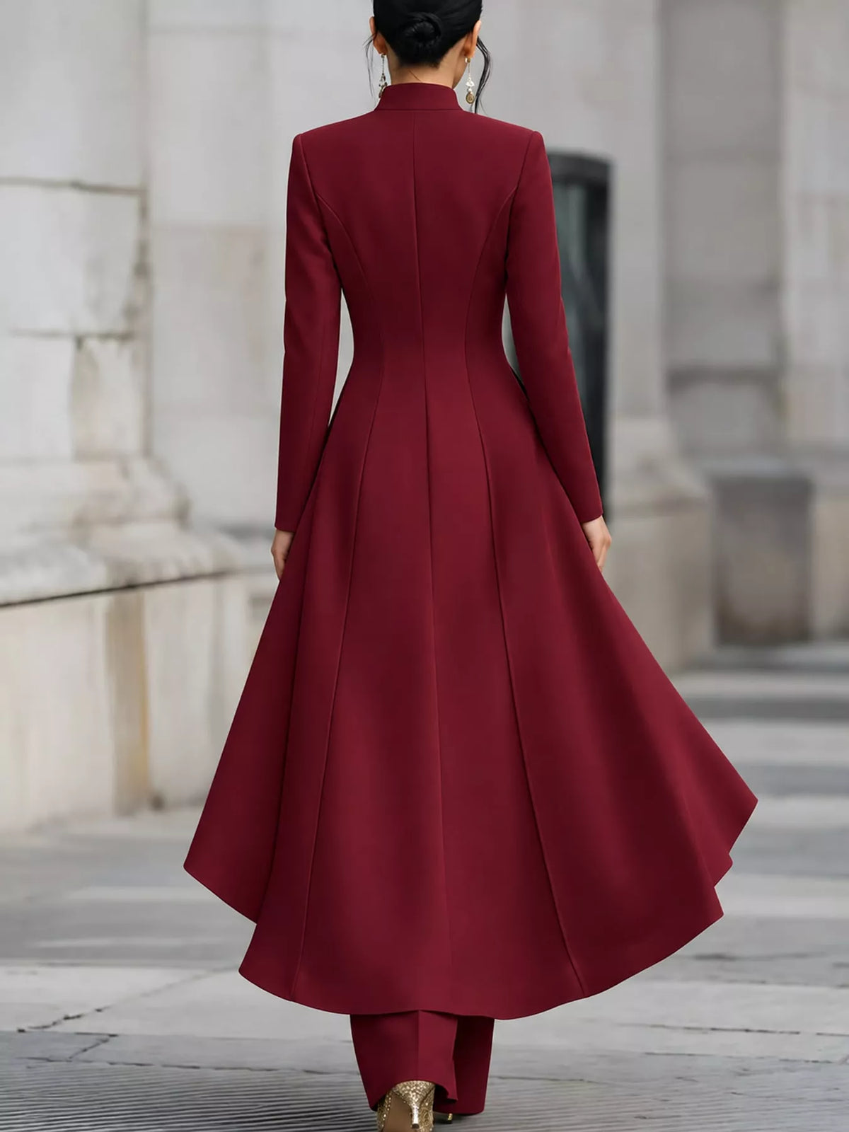 Ruffled High-Low Button Tunic & Wide-Leg Pants Set in Wine Red by Belle Bijouix – view 42 of 82