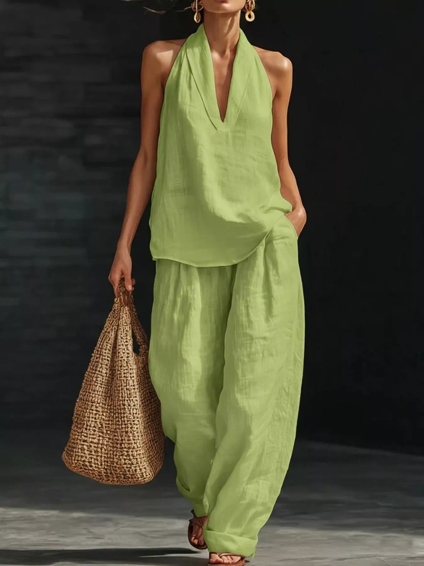 Plus-size halter-neck top and wide-leg pants set by Trendsi in lime-green linen-like fabric