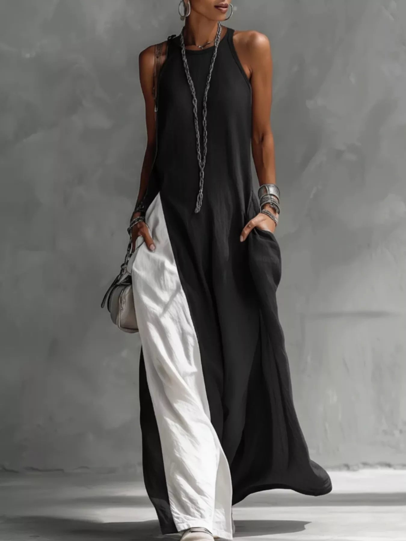 Two-Tone Sleeveless Maxi Dress by Trendsi, black with white panel