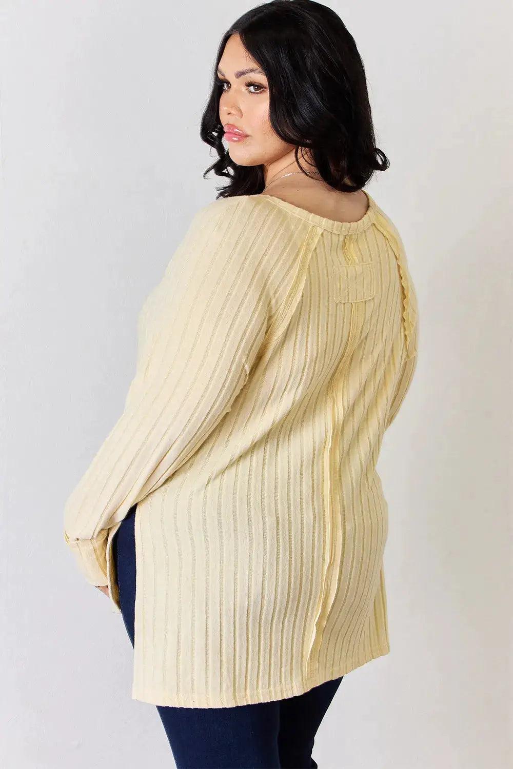 Basic Bae ribbed round-neck T-shirt by Belle Bijouix in cream; oversized long-sleeve top with side slit