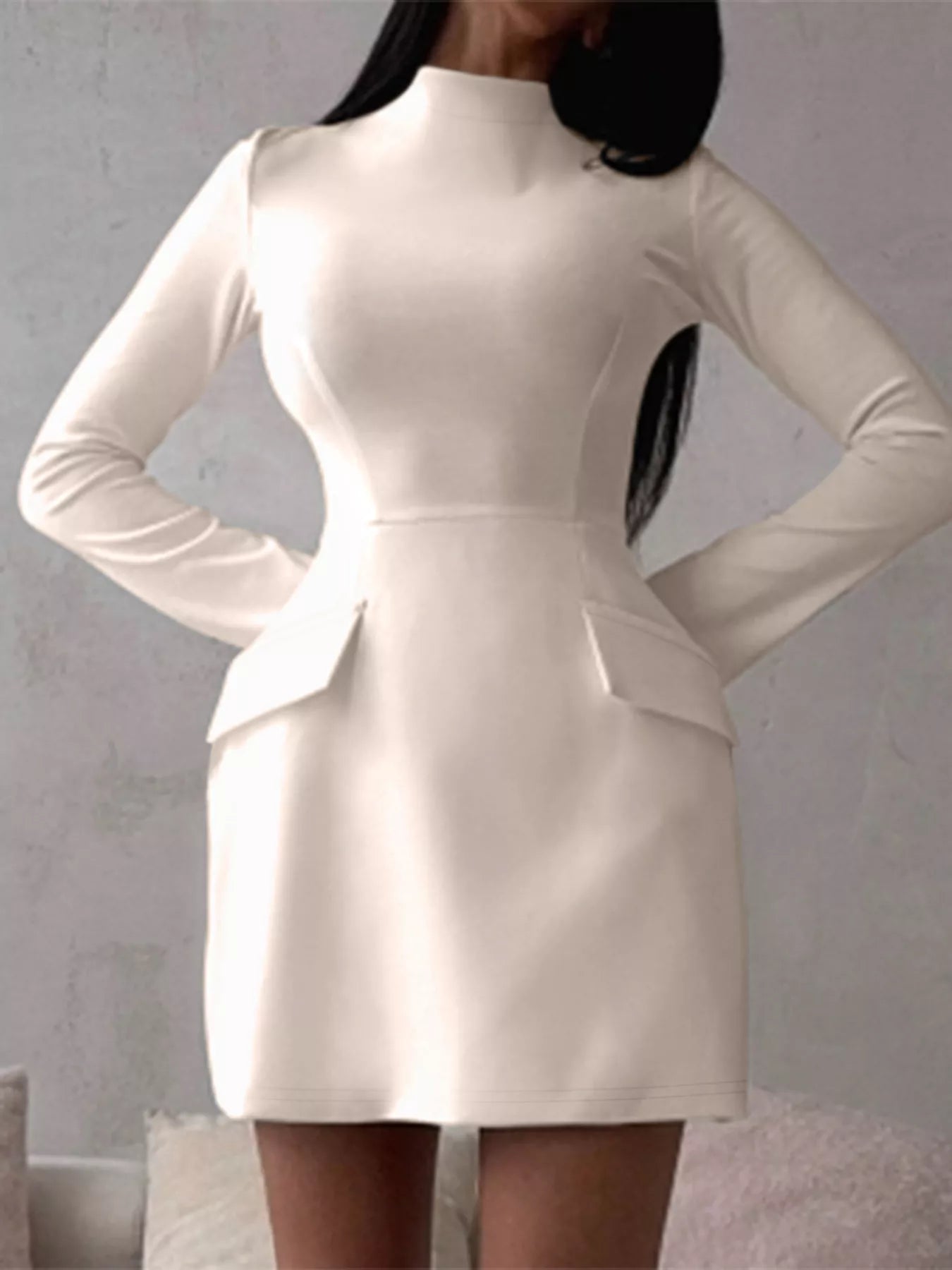 Belle Bijouix Mock Neck Long Sleeve Bodycon Dress, white with waist flap detailing