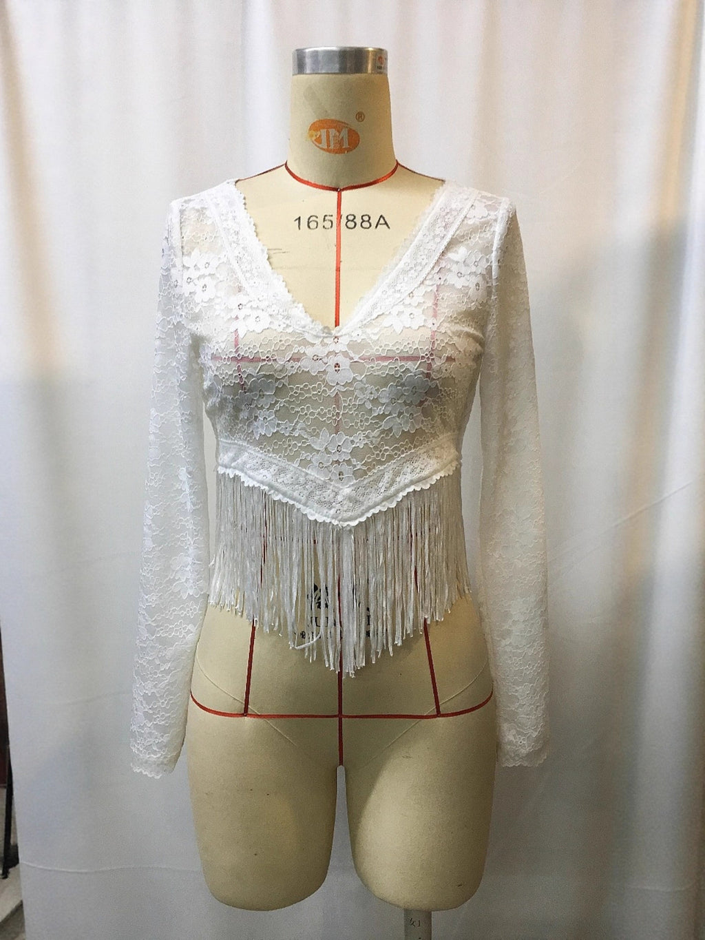 Full Size Fringe Hem Lace Long Sleeve Top, white, plus size