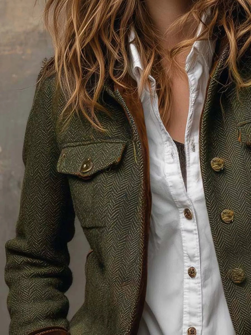 Herringbone Tweed Blazer with Velvet Cuffs in Army Green by Belle Bijouix – view 4 of 10