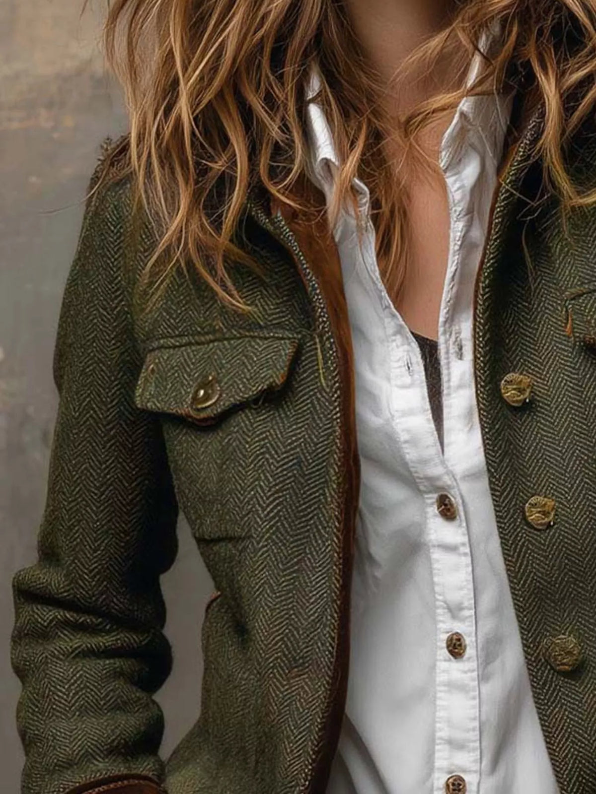 Herringbone Tweed Blazer with Velvet Cuffs in Army Green by Belle Bijouix – view 4 of 10