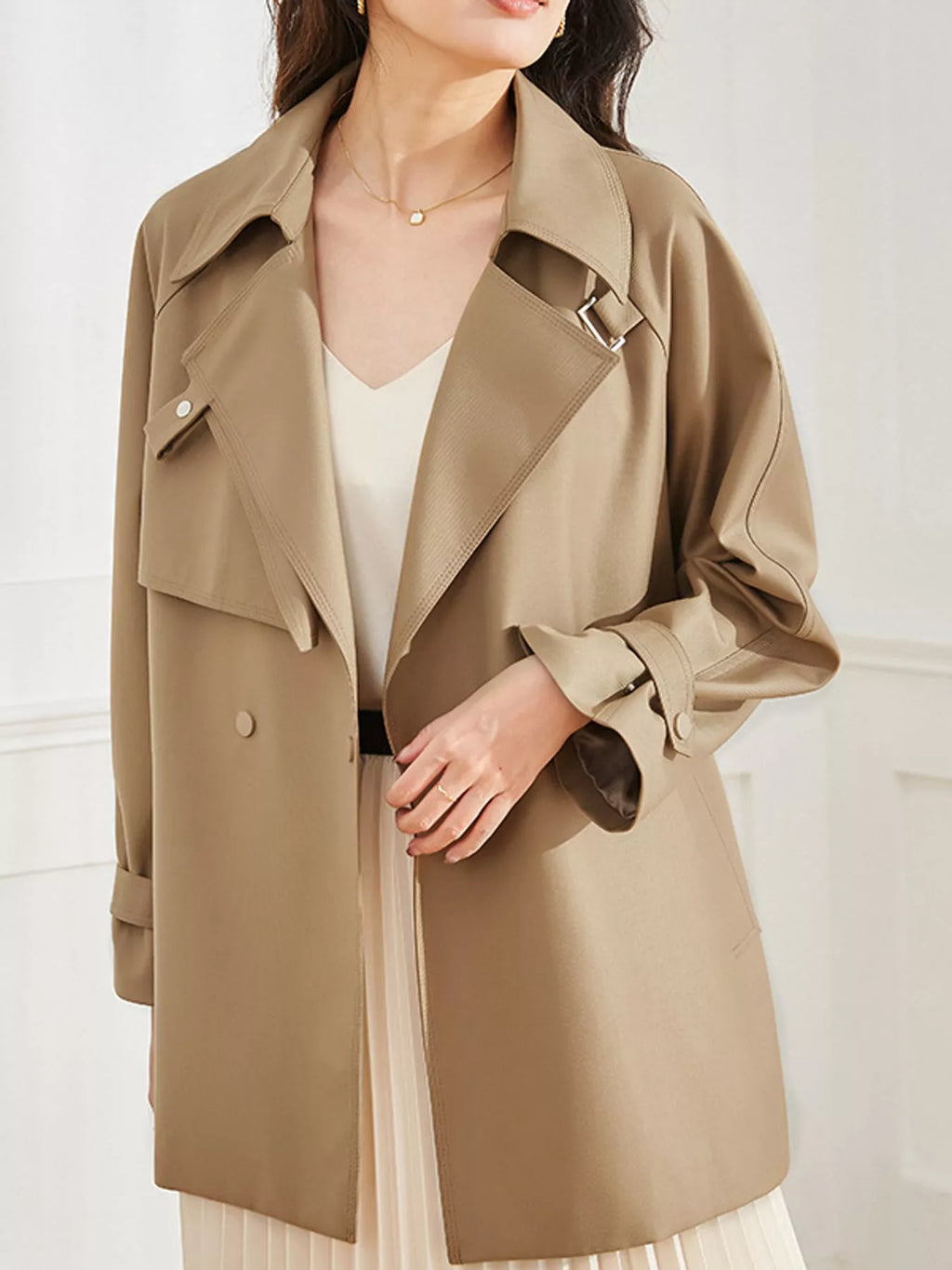 Double-Breasted Tie-Waist Short Trench Coat in Khaki by Belle Bijouix – view 16 of 20