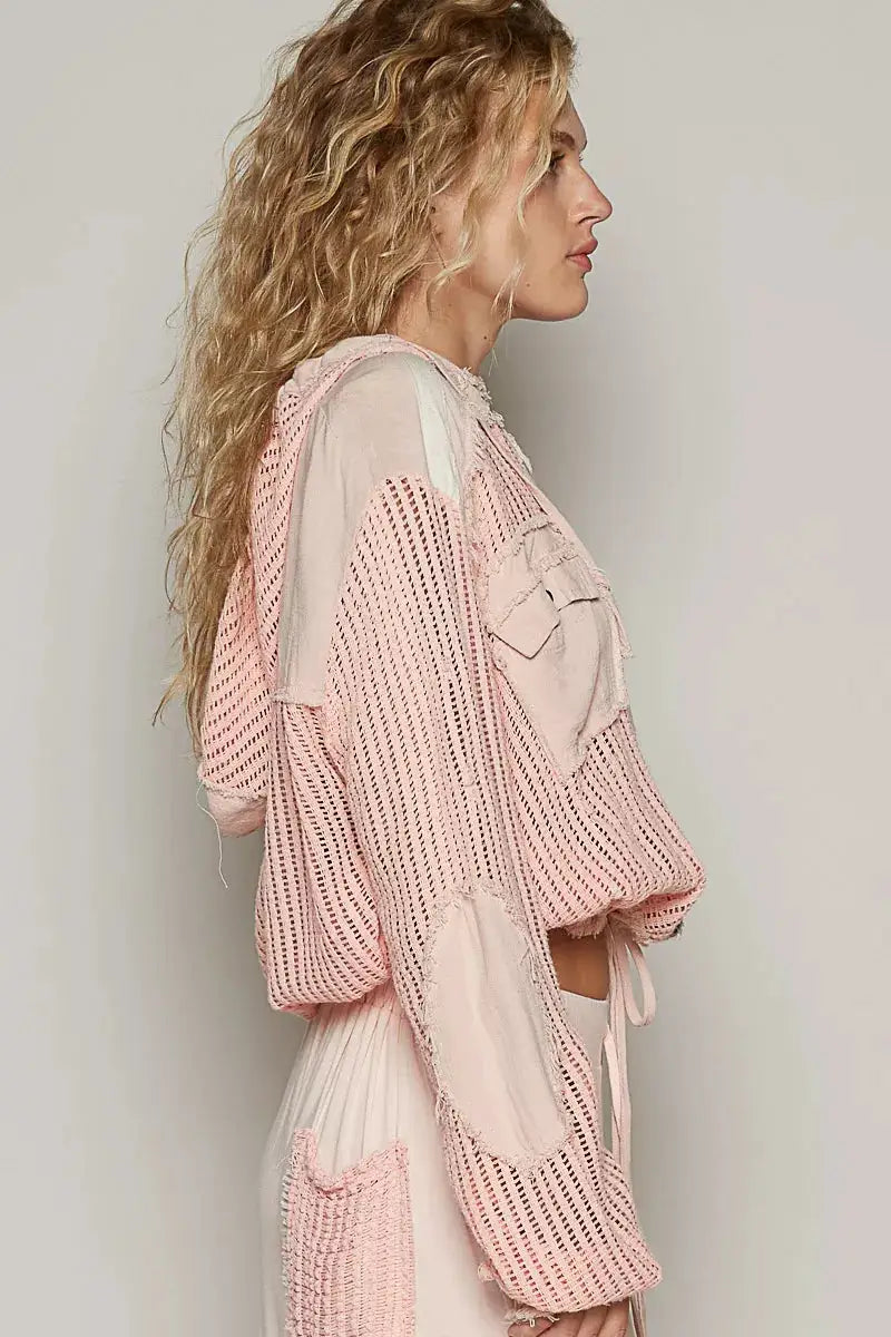 POL Texture Woven Button-Down Hooded Shirt in pink knit with drawstring hem