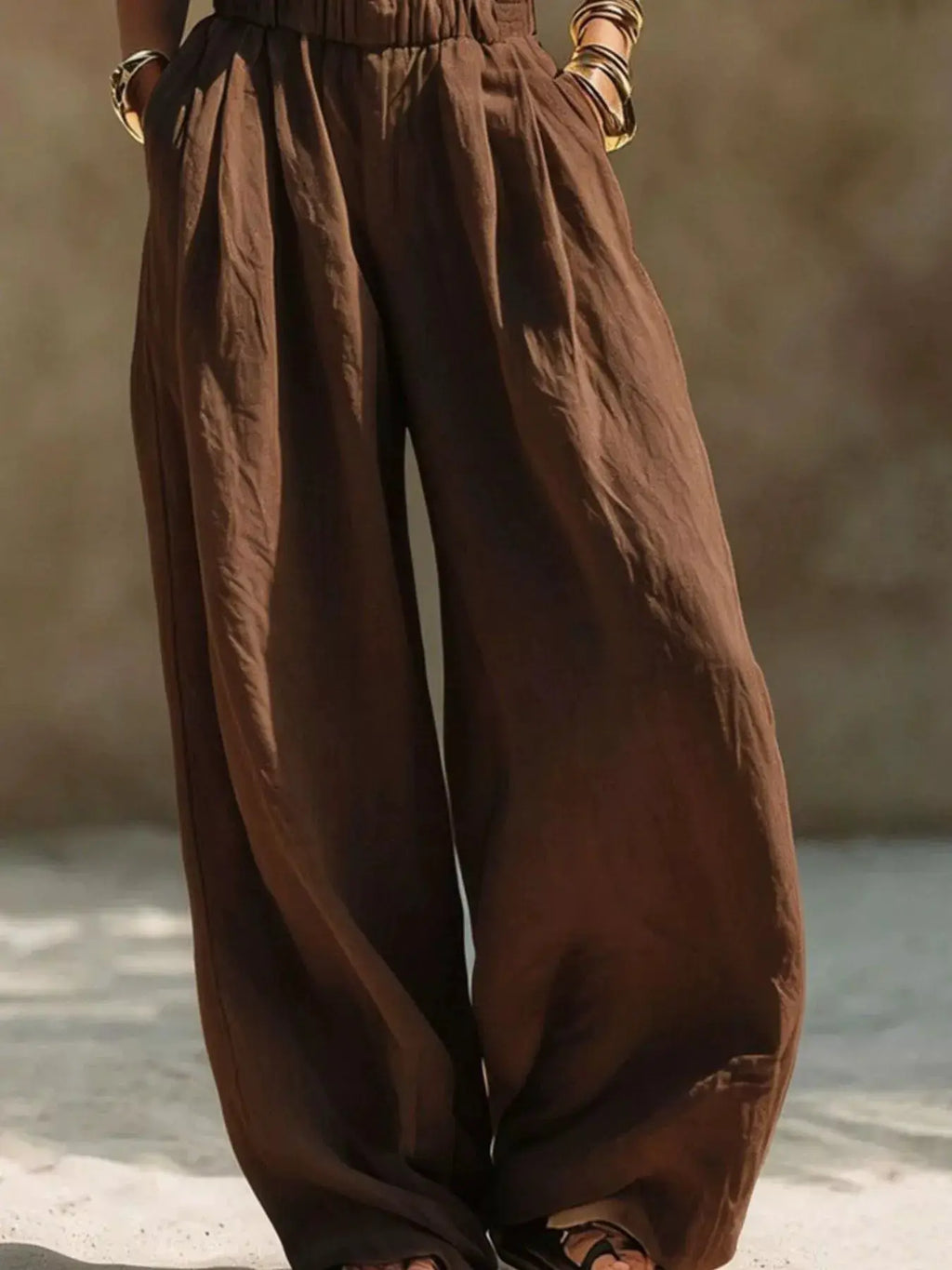 Trendsi Full Size elastic waistband wide-leg pants, brown, plus size