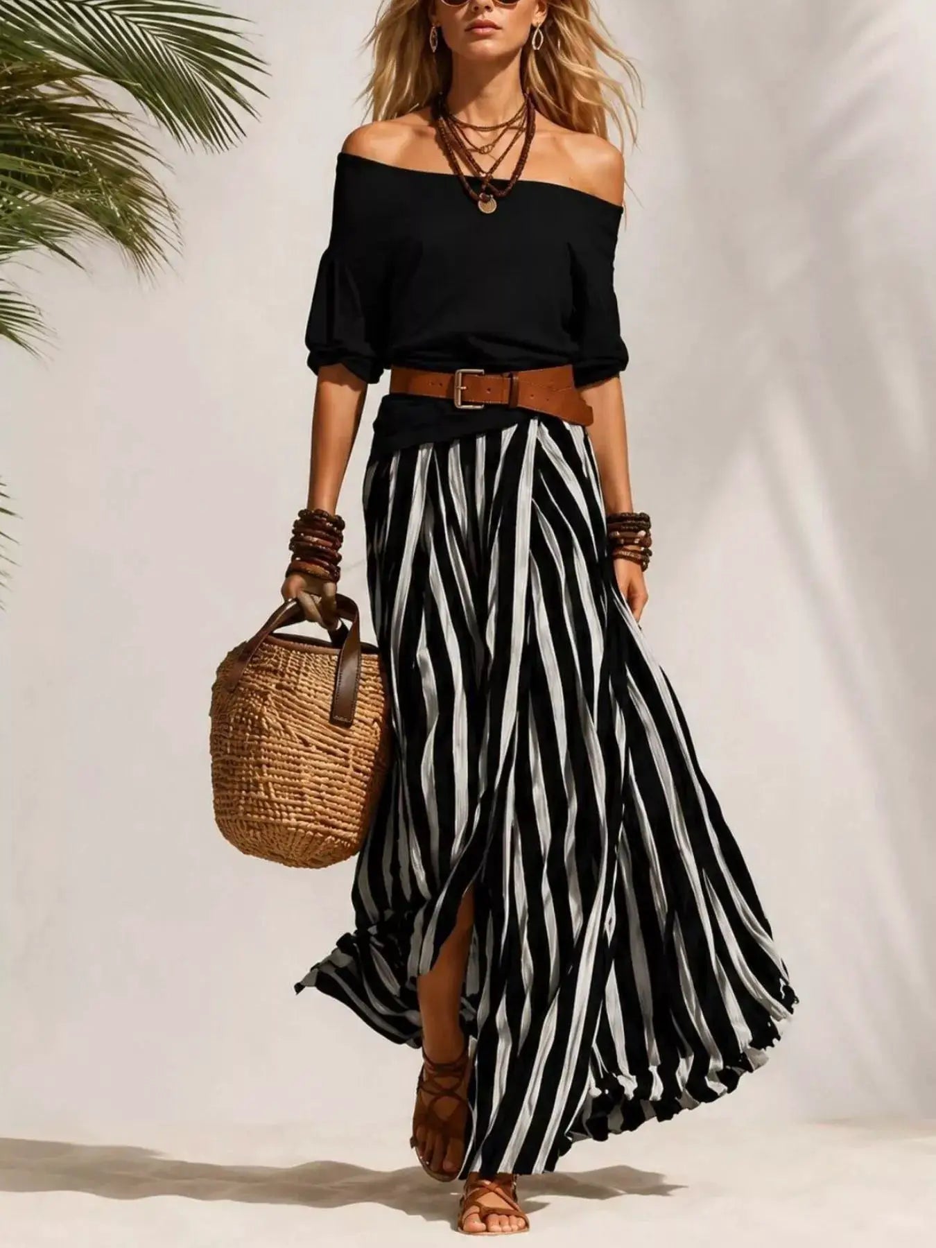 Belle Bijouix Off Shoulder Top and Striped Maxi Skirt Set; black top with brown belt and black-white striped maxi skirt