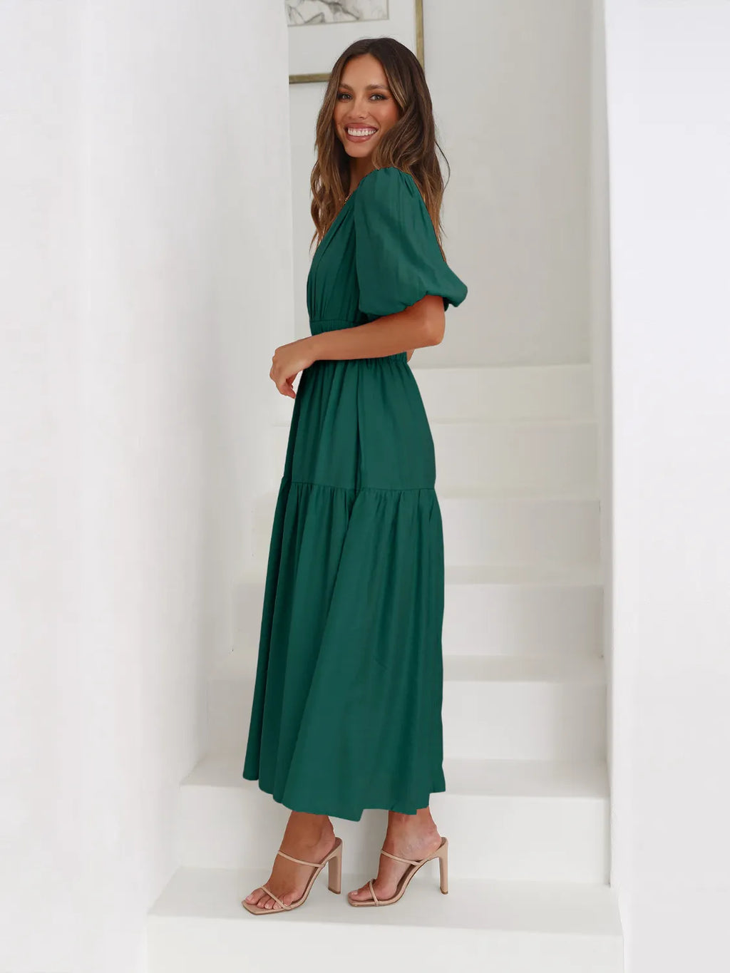 Tiered Surplice Half Sleeve Midi Dress in emerald green by Belle Bijouix