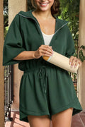 Zip-Up Drawstring Waist Romper in green with front zipper and drawstring waist.