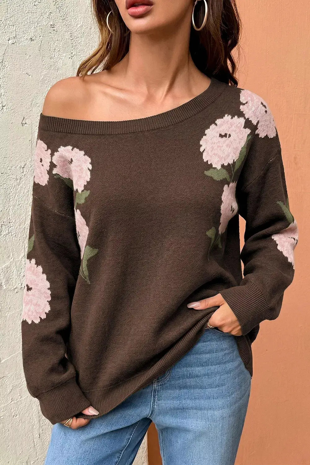 Floral Print Drop-Shoulder Relaxed Knit Sweater in brown with pink flowers
