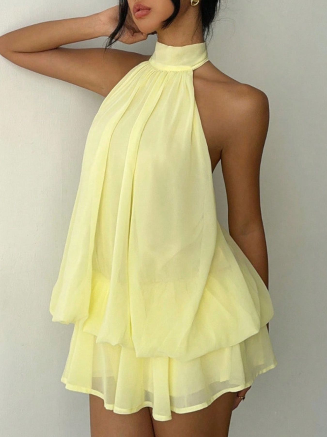 Halter neck layered mini dress in pale yellow chiffon