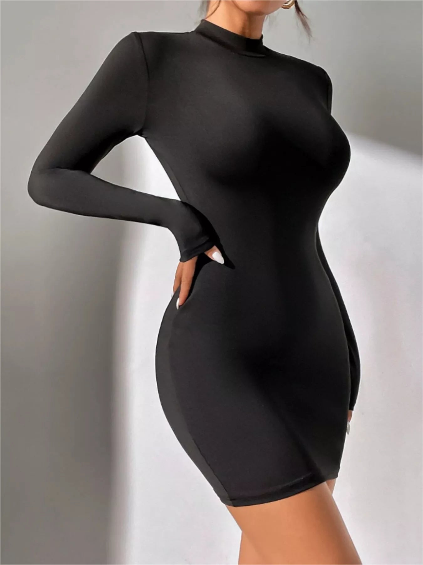 Mock Neck Long Sleeve Bodycon Mini Dress, black ribbed fabric, Belle Bijouix