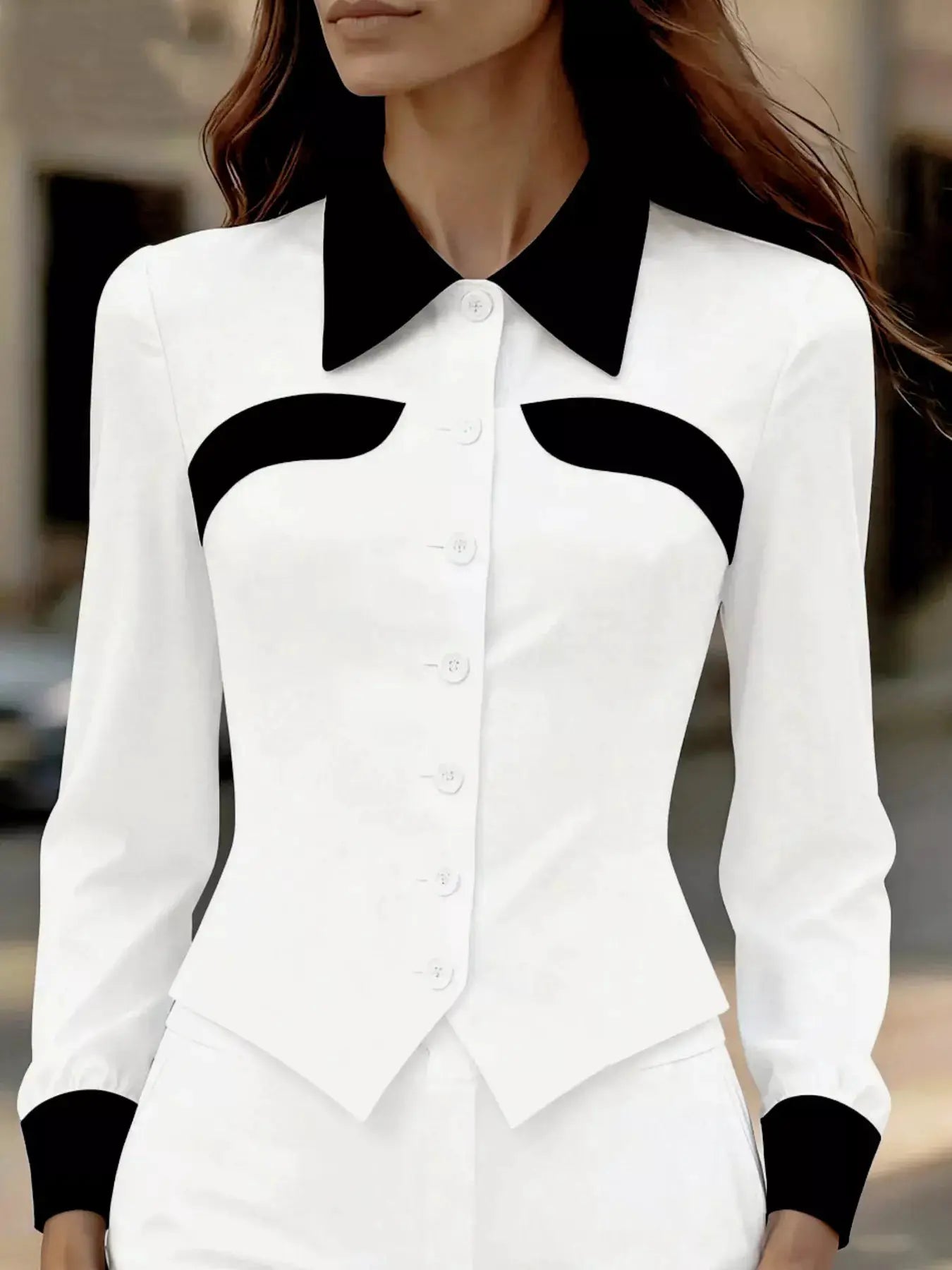 Contrast Button-Down Shirt by Belle Bijouix, white with black collar and abstract black chest accents.