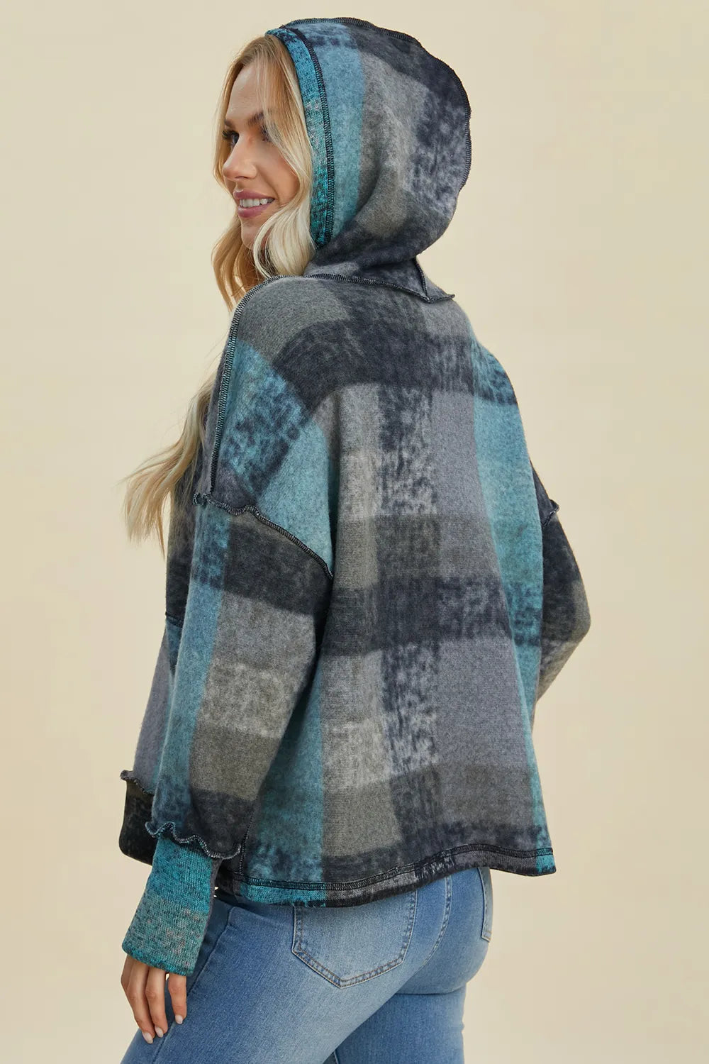 Hoodie Belle Bijouix Double Take plaid fleece, teal/gray, dropped-shoulder