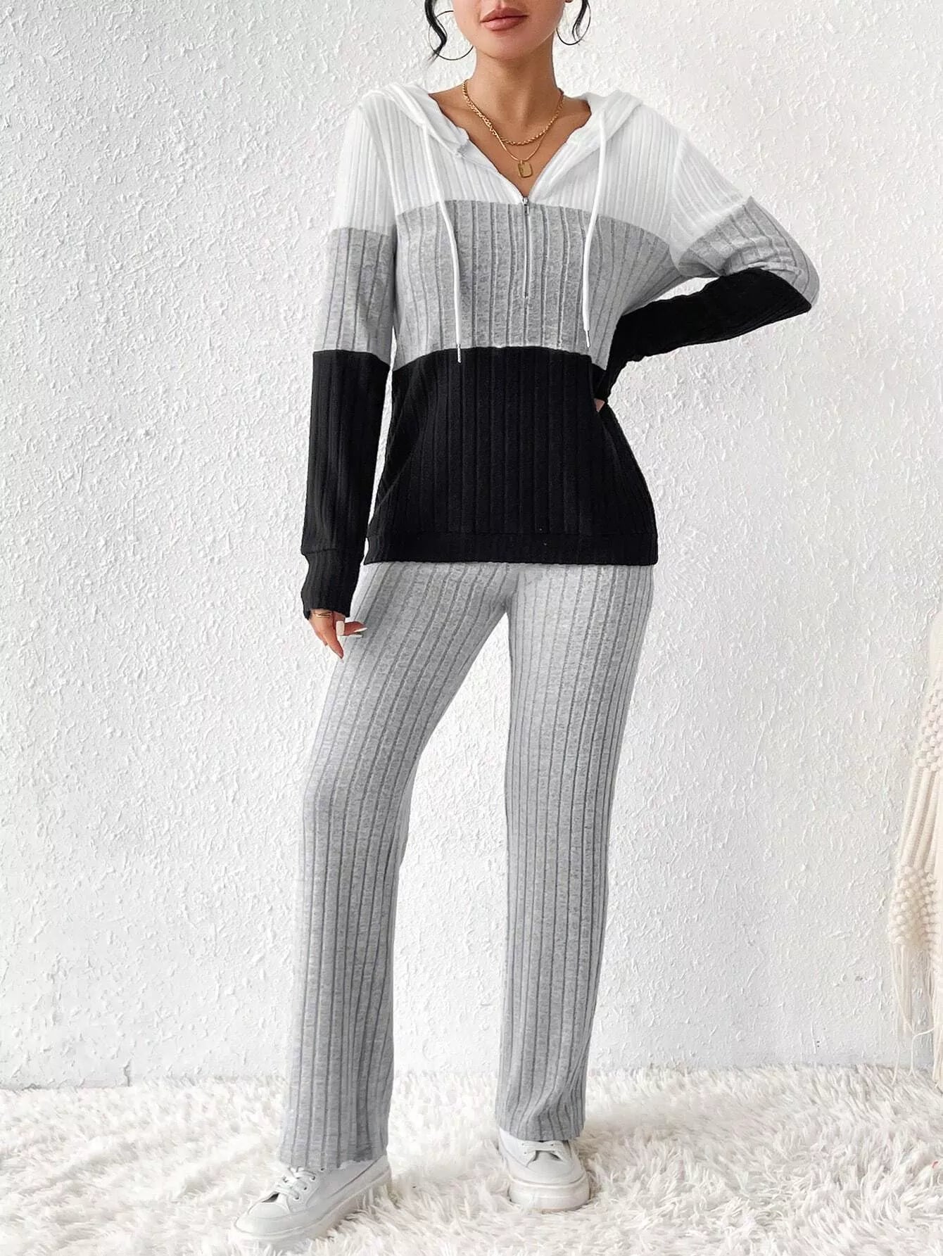 Color block ribbed knit half-zip hooded top and pants set in white/gray/black for sleepwear & loungewear