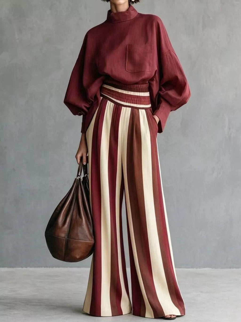 Mock Neck Blouse & Striped Wide-Leg Pants Set in Red by Belle Bijouix – view 1 of 12