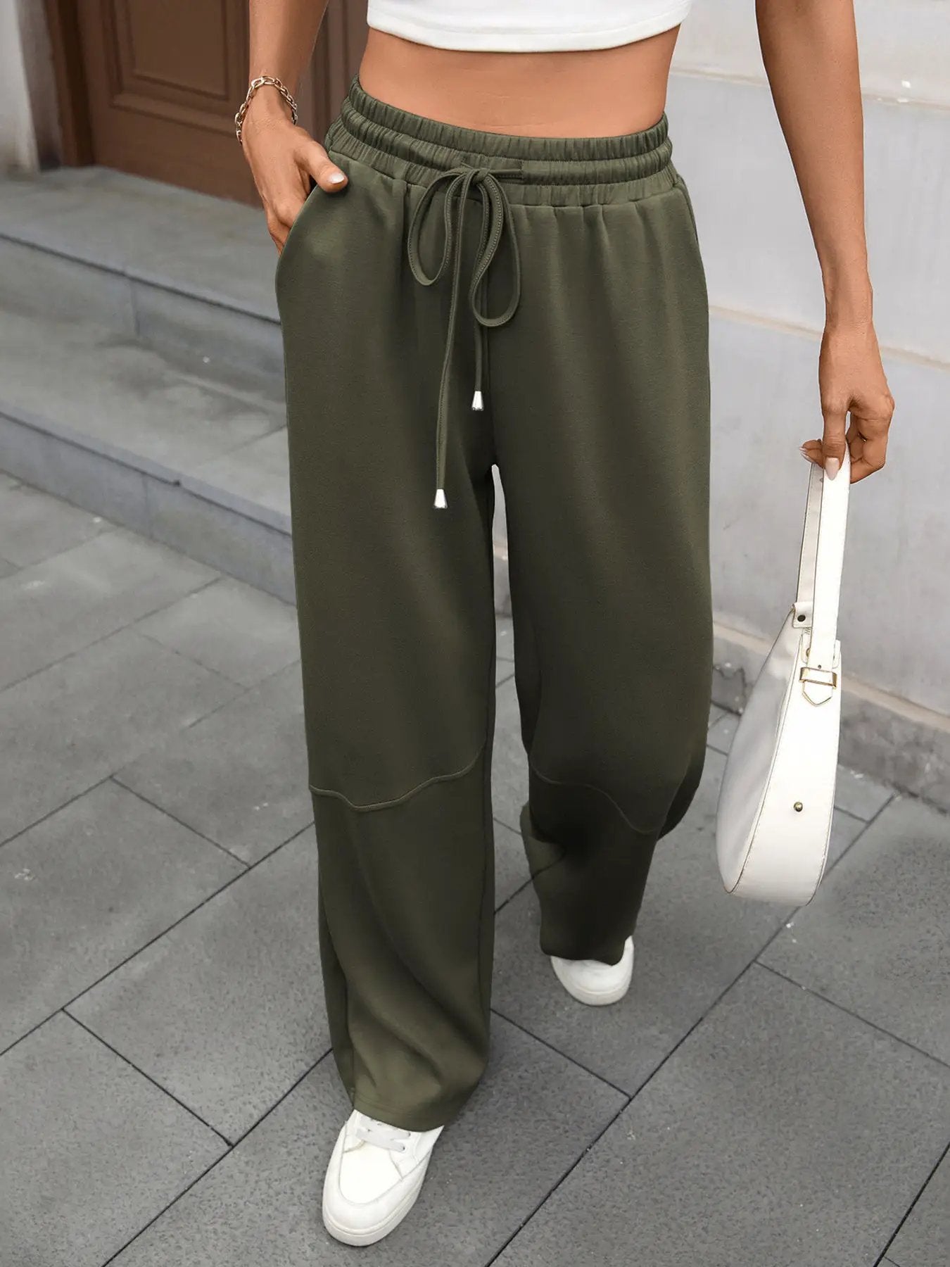 Drawstring high-waist wide-leg casual pants in olive green