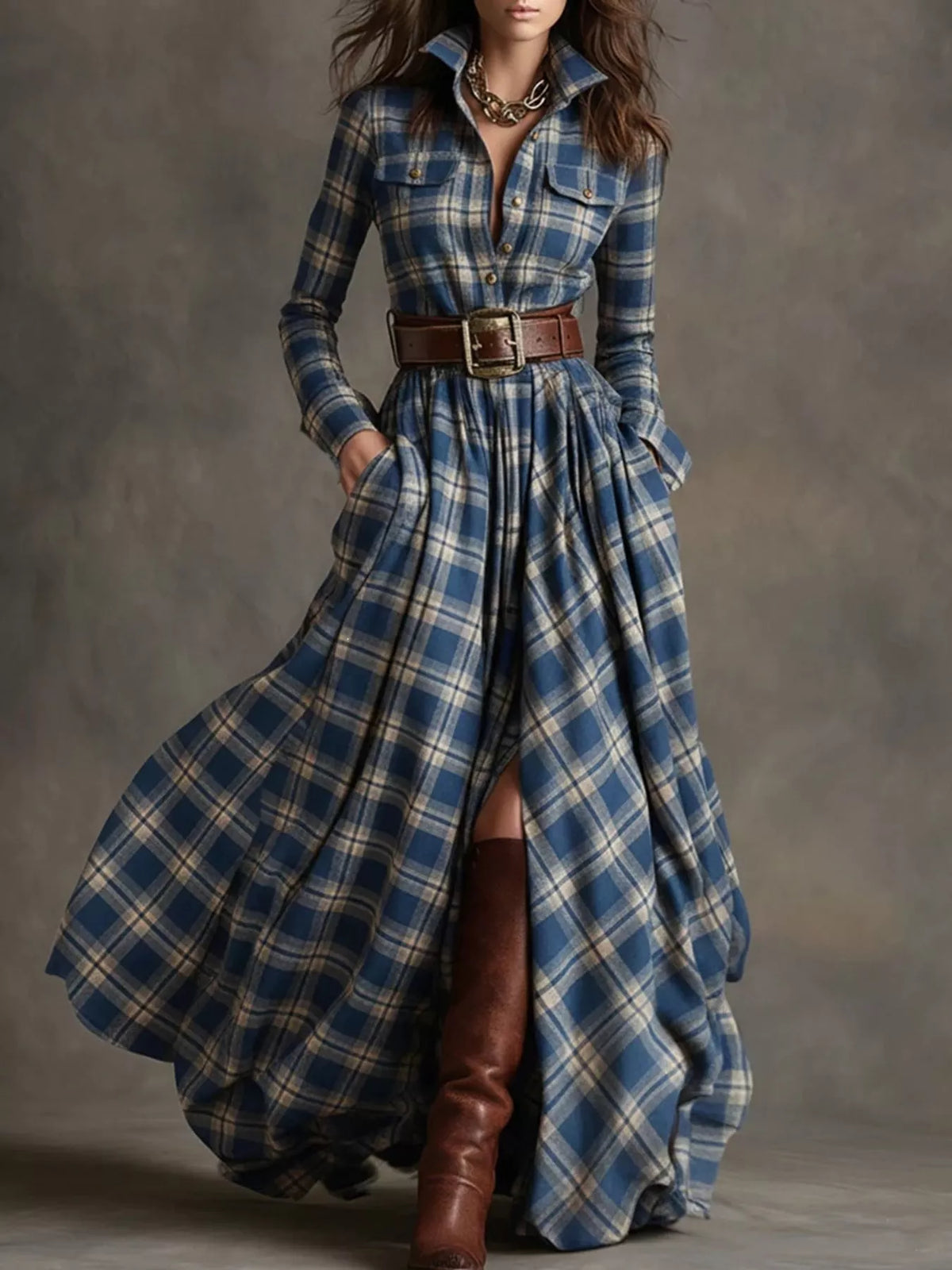 Belted Plaid Button-Down Maxi Shirt Dress in Blue Small Check by Belle Bijouix – view 15 of 27