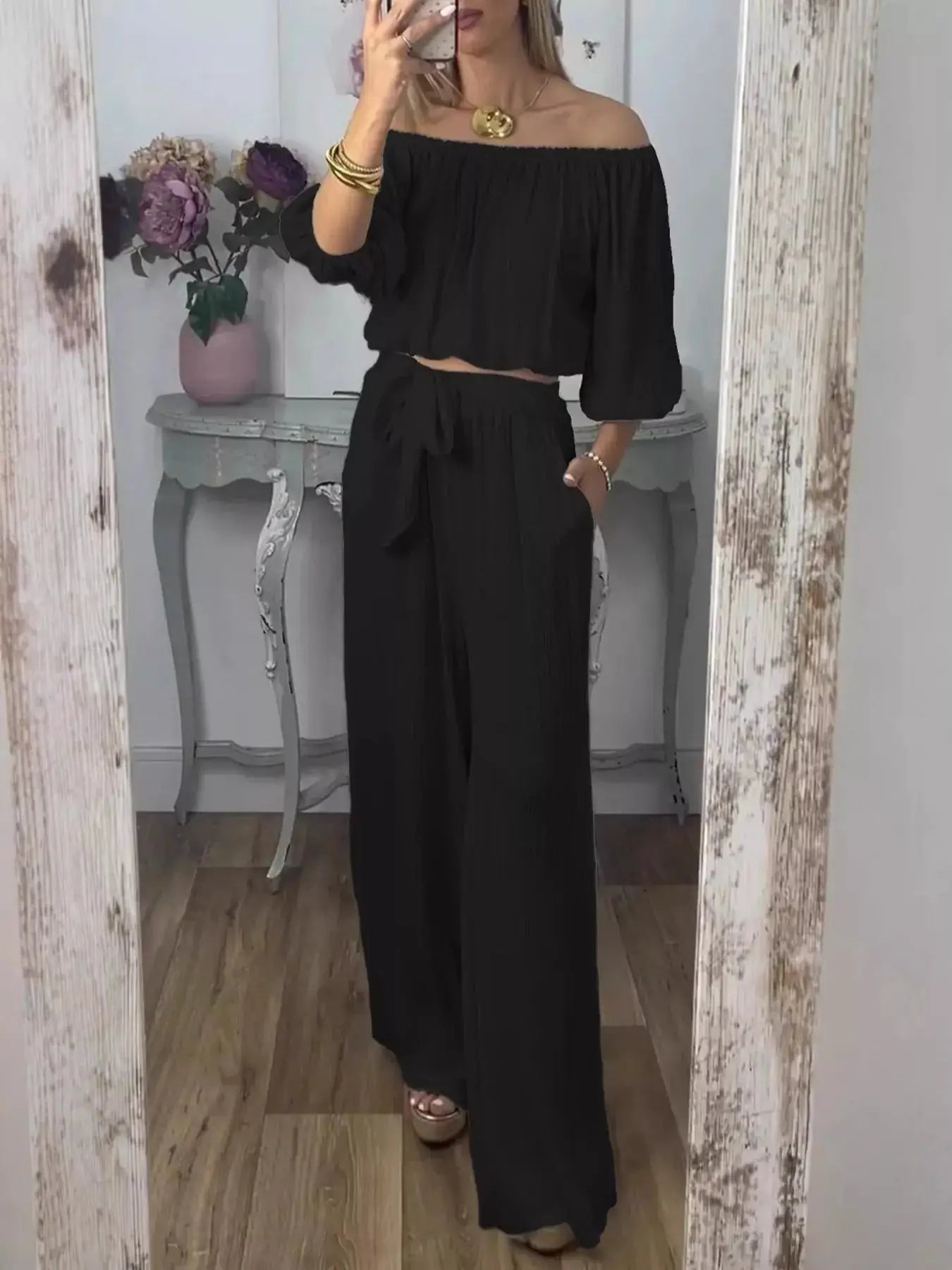 Full Size Off-Shoulder Top and Pants Set by Belle Bijouix, black sleepwear with smocked top and waist-tie wide-leg pants
