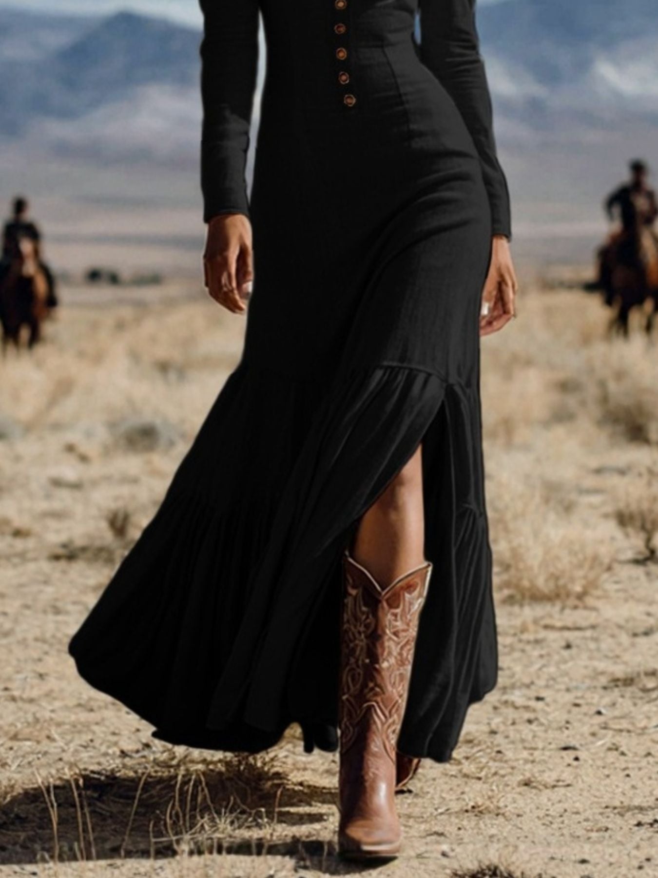 Slit Long Sleeve Tiered Maxi Dress in black with button-front bodice and flowing skirt