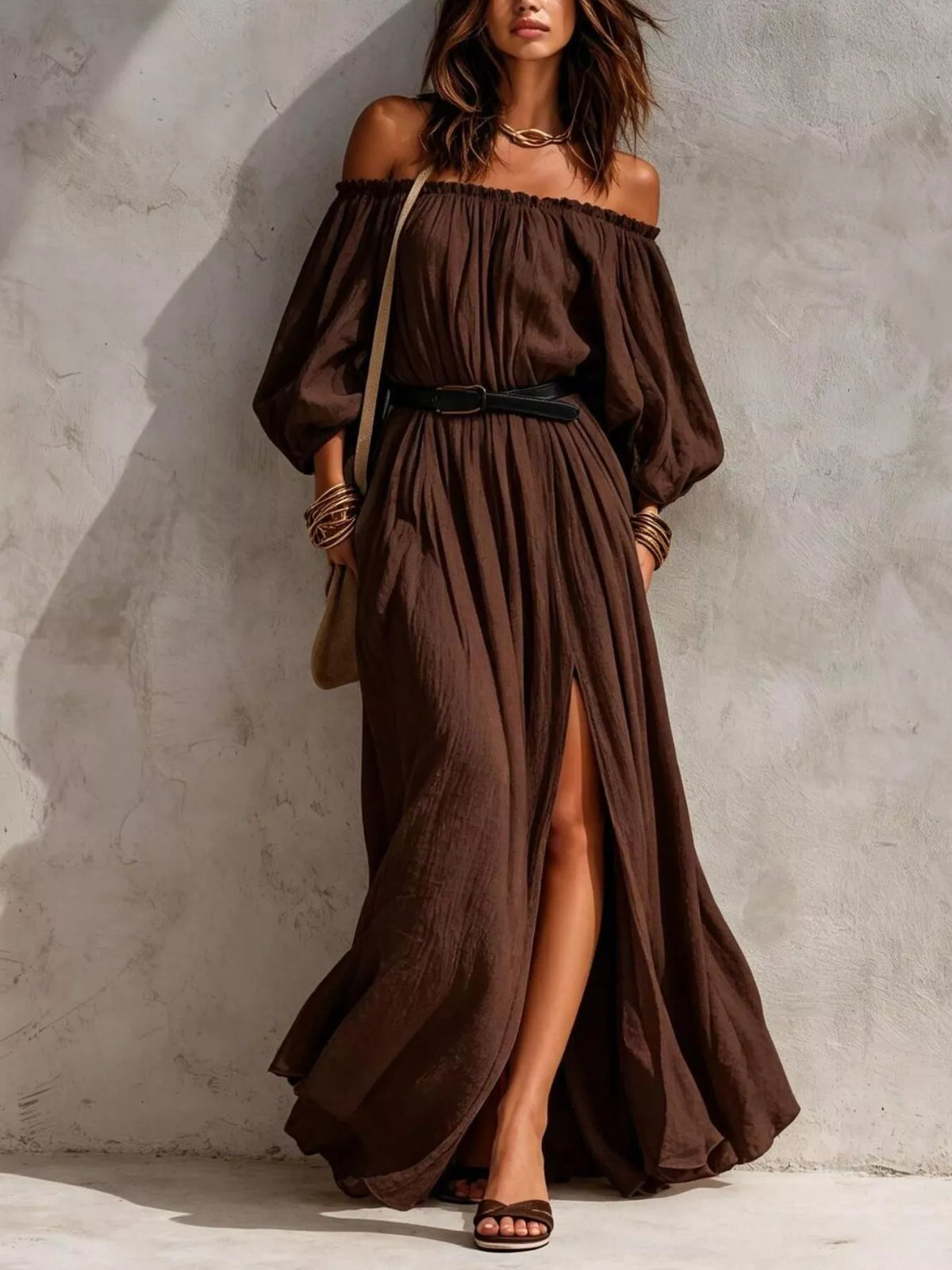 Boho Off-Shoulder Maxi Dress with Side Slit in Dark Brown by Belle Bijouix – view 4 of 9