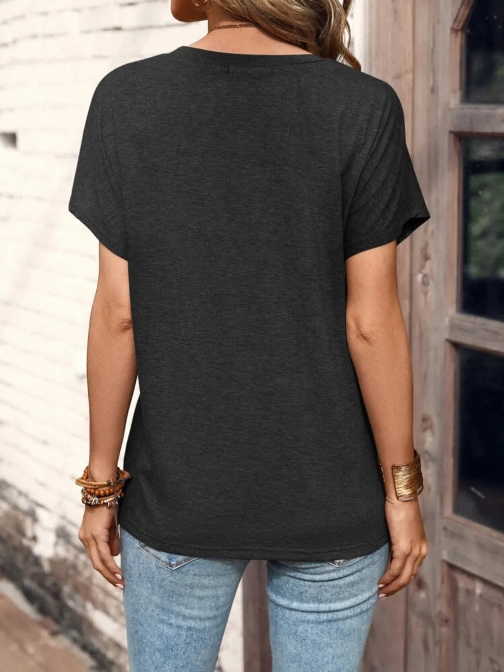 Half Button Short Sleeve Top in charcoal heather, back view