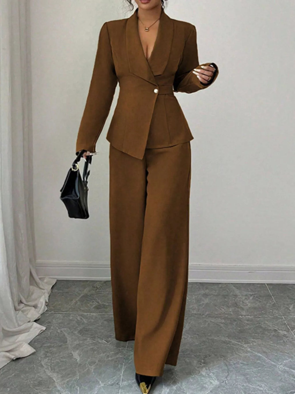 One Button Blazer and Pants Set by Belle Bijouix, brown pants suit with single button and pockets