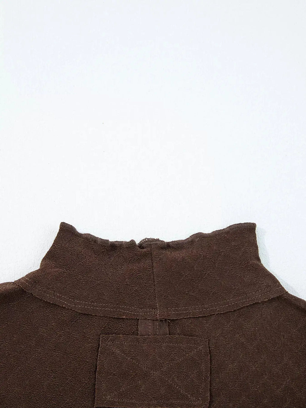 Lettuce Trim Raw-Seam Patchwork Jacquard Long Sleeve Top in brown by Belle Bijouix