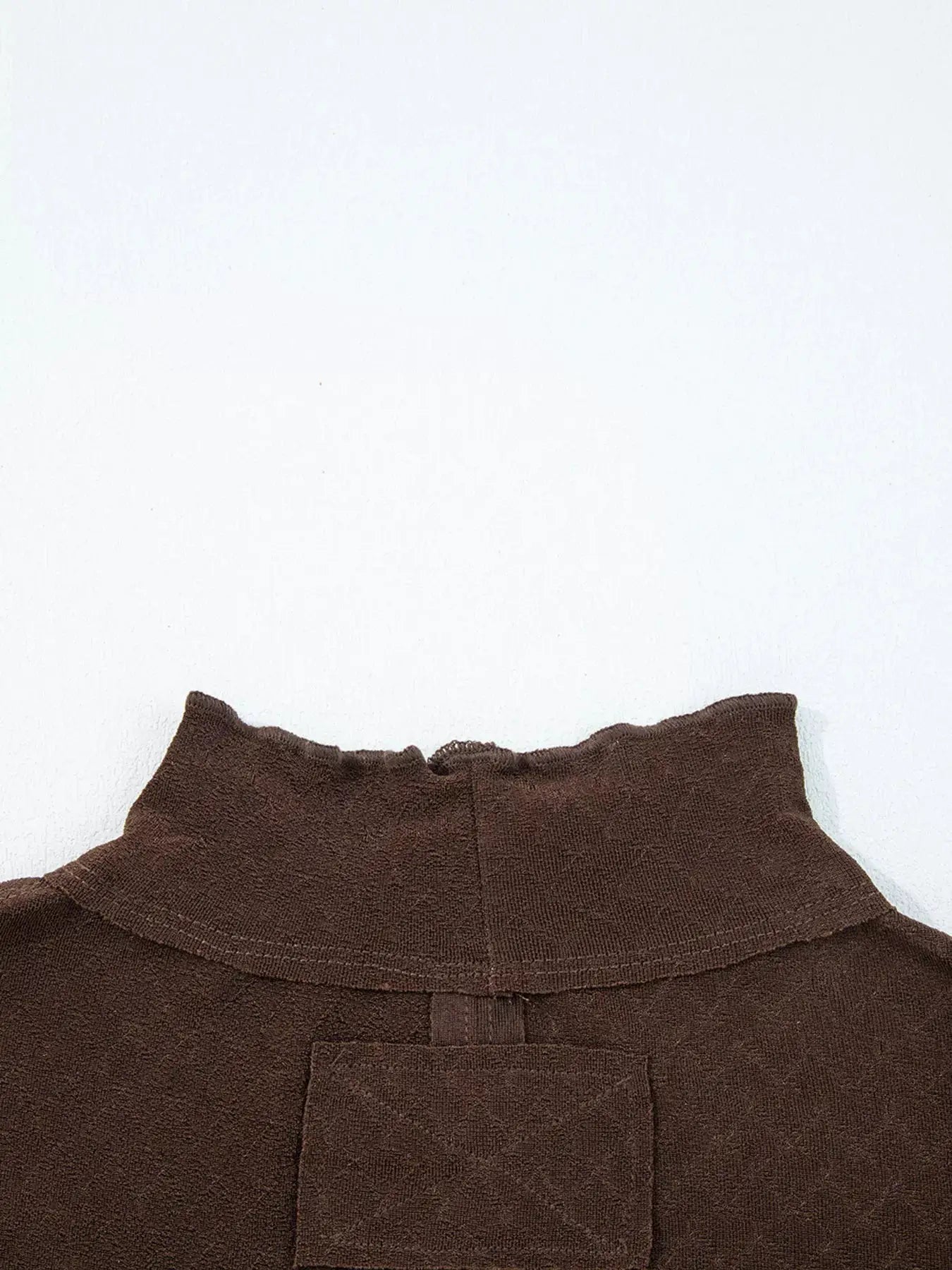 Lettuce Trim Raw-Seam Patchwork Jacquard Long Sleeve Top in brown by Belle Bijouix