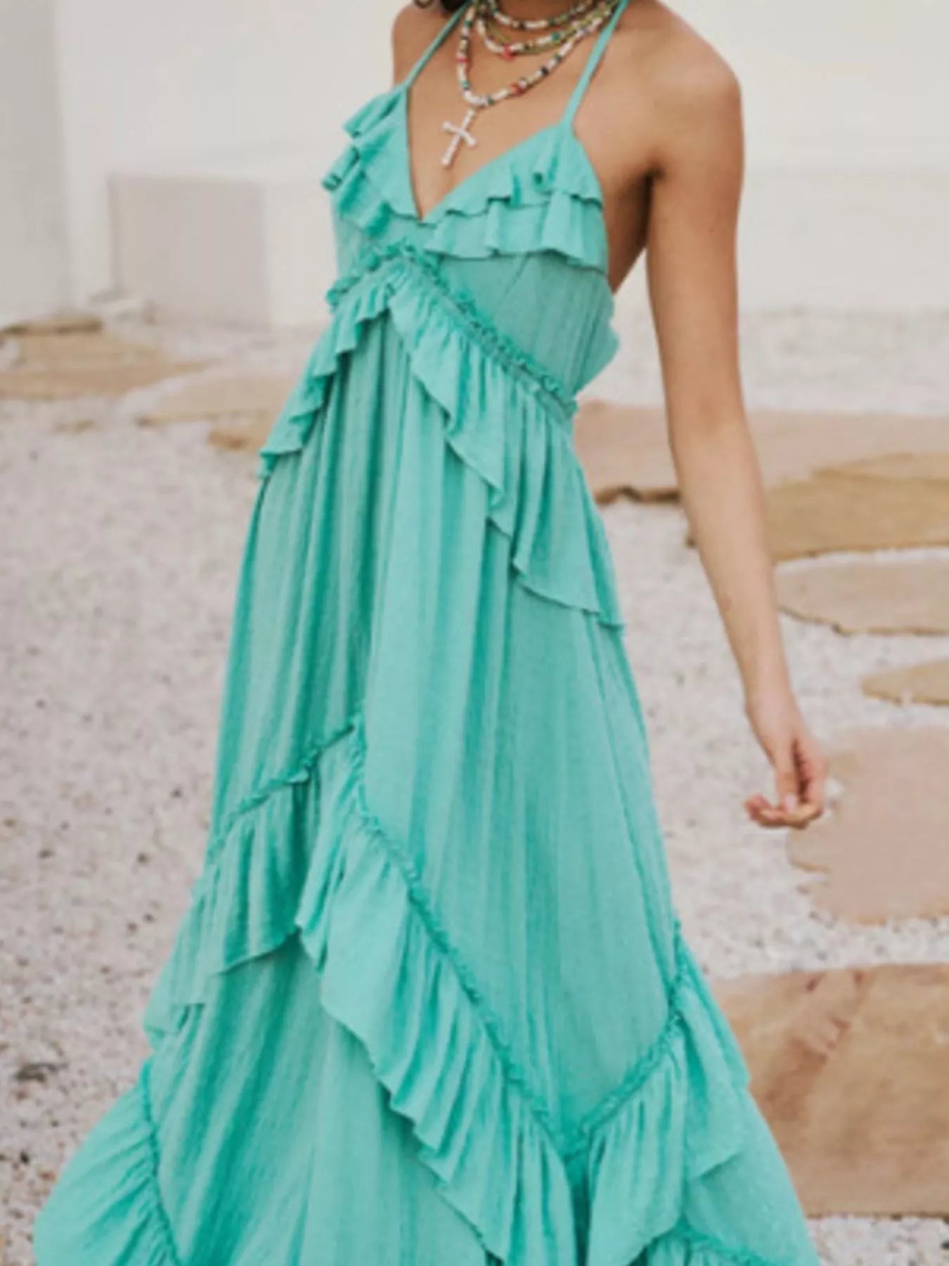 Ruffled Halter Neck Maxi Dress, turquoise with tied straps and cascading tiers