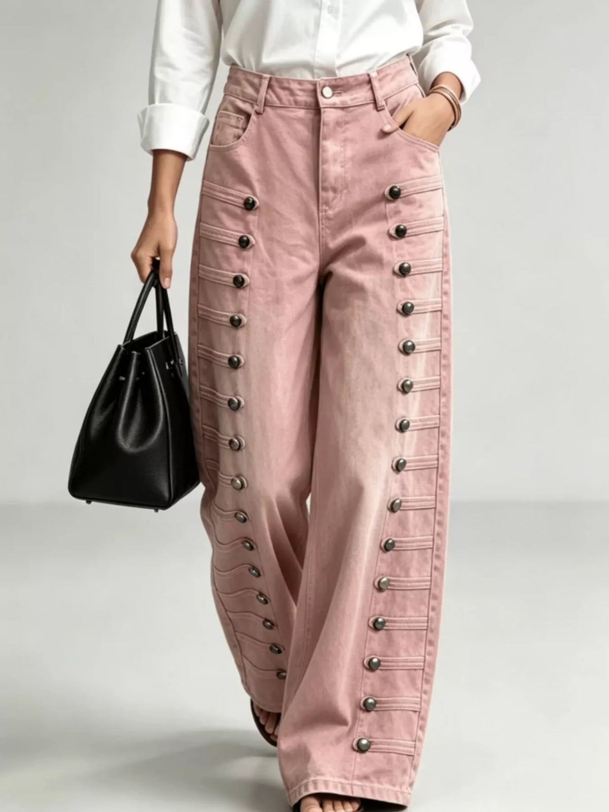 High-Waist Button Detail Wide-Leg Jeans in Pink by Belle Bijouix – front view